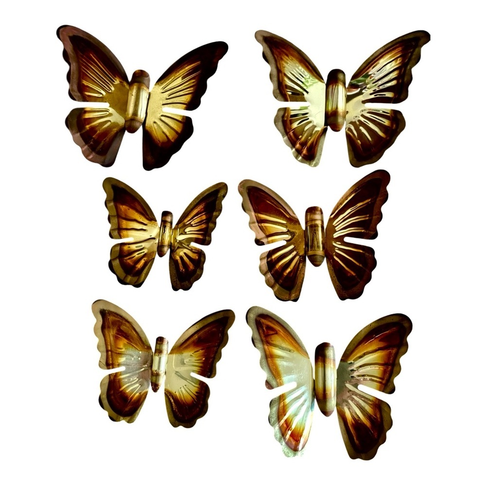 Two Sets (6) Homco Vintage Metal Brown & Gold Butterfly MCM Wall Decor, 1980's.
